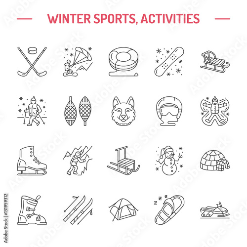 Ski, snowboard, skates, tubing, ice kiting, climbing and other winter sport line icons. Outdoor activity thin linear pictogram such as camping, igloo building, snow angel making. Equipment rent signs