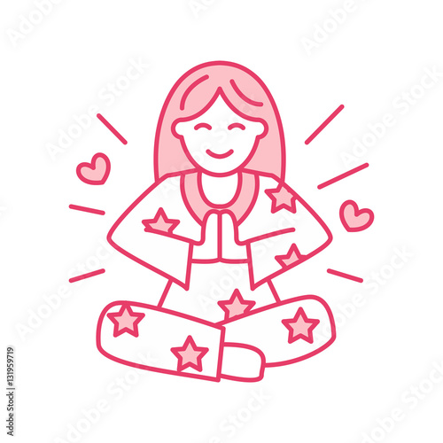 Smiling girl in padmasana, yoga line logo. Icon of woman meditation, relaxation and love energy. Vector illustration for spiritual development center, pink color.