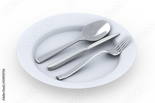 3d  fork, spoon and knife in plate