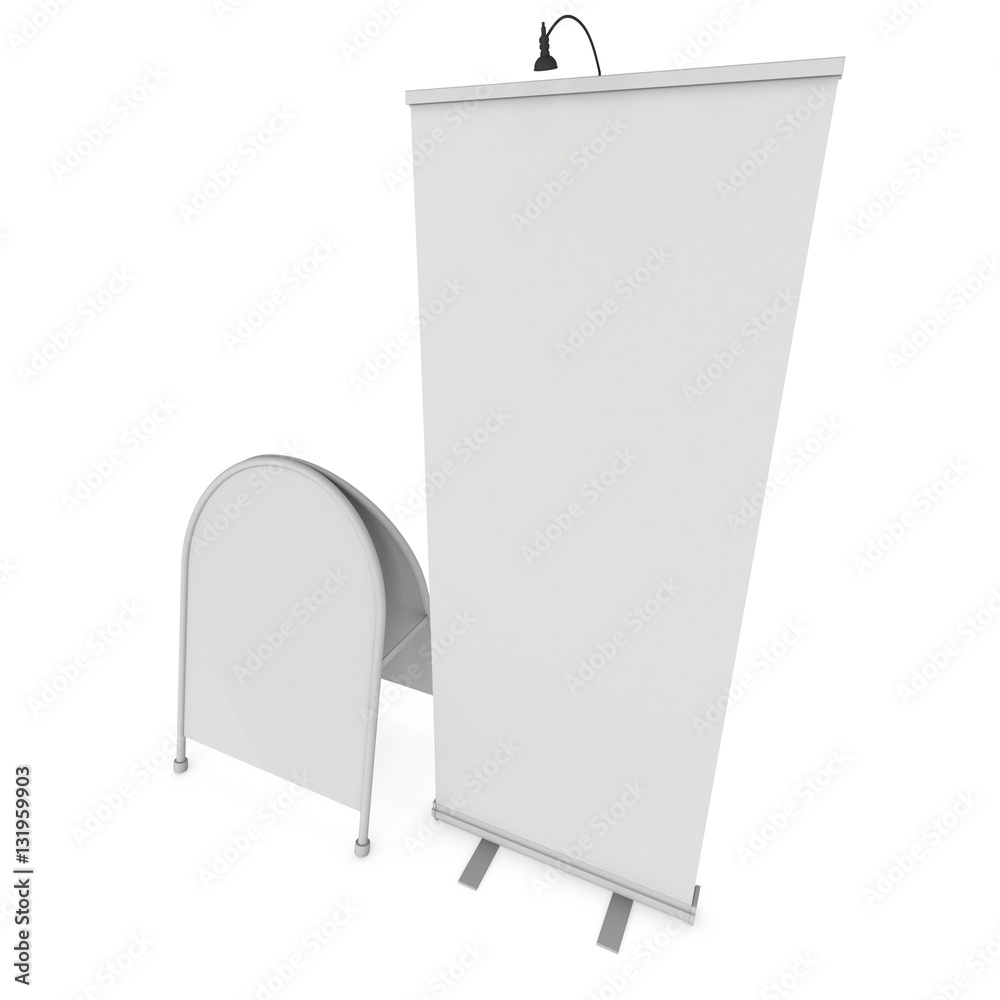 Blank Roll Up Expo Banner Stand and Sandwich board. Trade show booth white and blank. 3d render illustration isolated on white background. Template mockup for expo design. Blank menu outdoor display. Blank Roll Up Expo Banner Stand and Sandwich board. Trade show booth white and blank. 3d render illustration isolated on white background. Template mockup for expo design. Blank menu outdoor display.