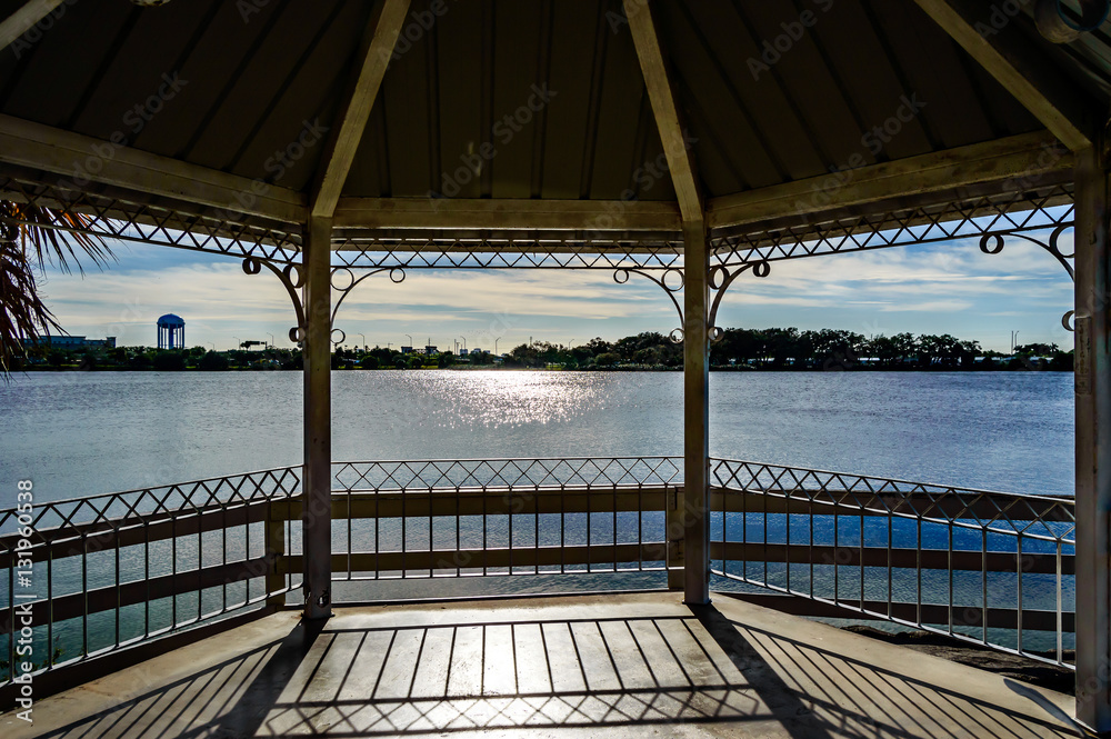 Gazebo lake view / a photo of the inside of a gazebo in the tropical state of Florida Hollywood by the lake in TY park. Gazebo lake view / a photo of the inside of a gazebo in the tropical state of Florida Hollywood by the lake in TY park.