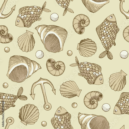 fish and shell vector seamless pattern