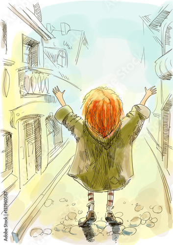 Red-haired girl with his hands up stands on the street