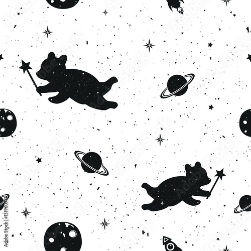 Vector seamless pattern with Moon, bears, saturn, rockets and stars