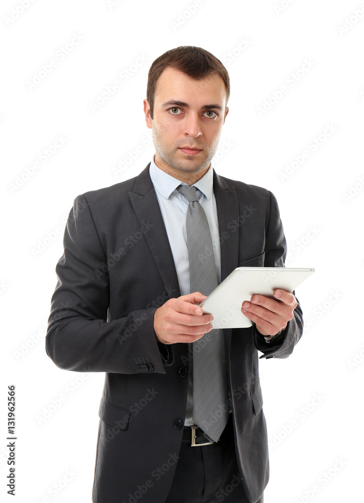 Handsome businessman with tablet computer on white background Handsome businessman with tablet computer on white background