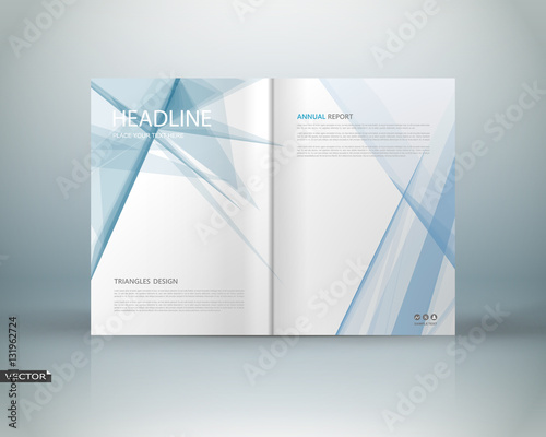 Abstract binder art. White a4 brochure cover design. Info banner mockup. Elegant ad flyer text font. Title sheet model set. Fancy vector front page. Blurb texture. Blue lines, light rays figure icon
