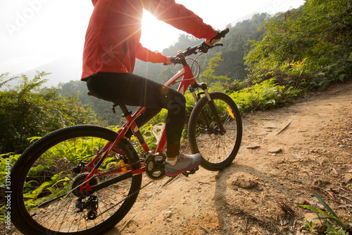 young woman riding mountain bike on sunrise forest trial