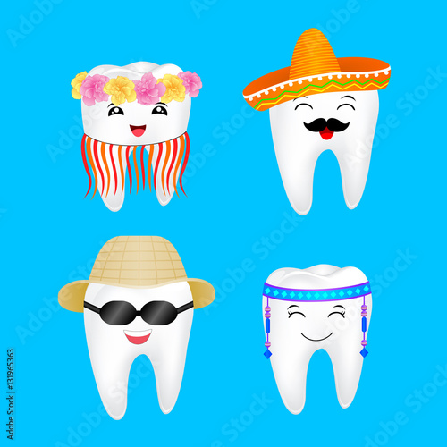 Cute tooth in costume: hawai, mexican, with hat and sunglasses and Bohemian. Funny illustration isolated on blue background.