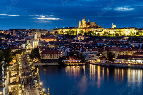 Panorama of Prague Castle and St. Vitus cathedral in twilight with dramatic sky. Prague, Czech Republic © daliu