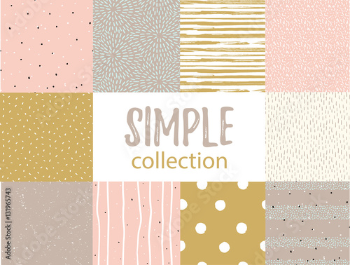 Vector seamless patterns with universal simple textures. Set for fabric, gift wrap and wallpaper.
