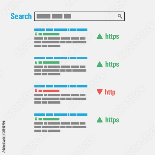 Ranking in search engines sites with secure https and the http protocol outdated. Safe and Secure Web sites on the Internet. SSL certificate for the site. Vector illustration.