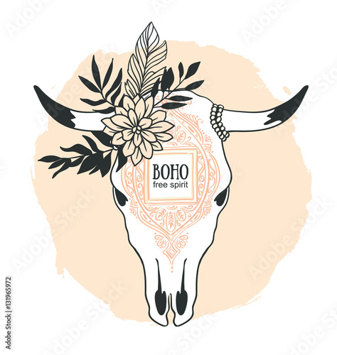 Hand drawn cow skull with ornament, flower, leaves and feather. Bohemian design for t-shirt. Vector illustration.