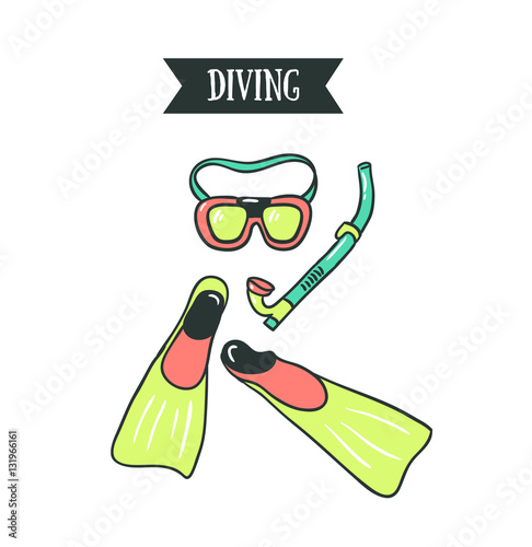 Colorful vector illustration of diving mask, snorkel and pair of flippers on white isolation background.