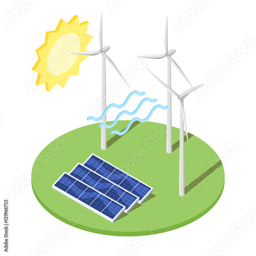 Illustration of windmill and solar panels.