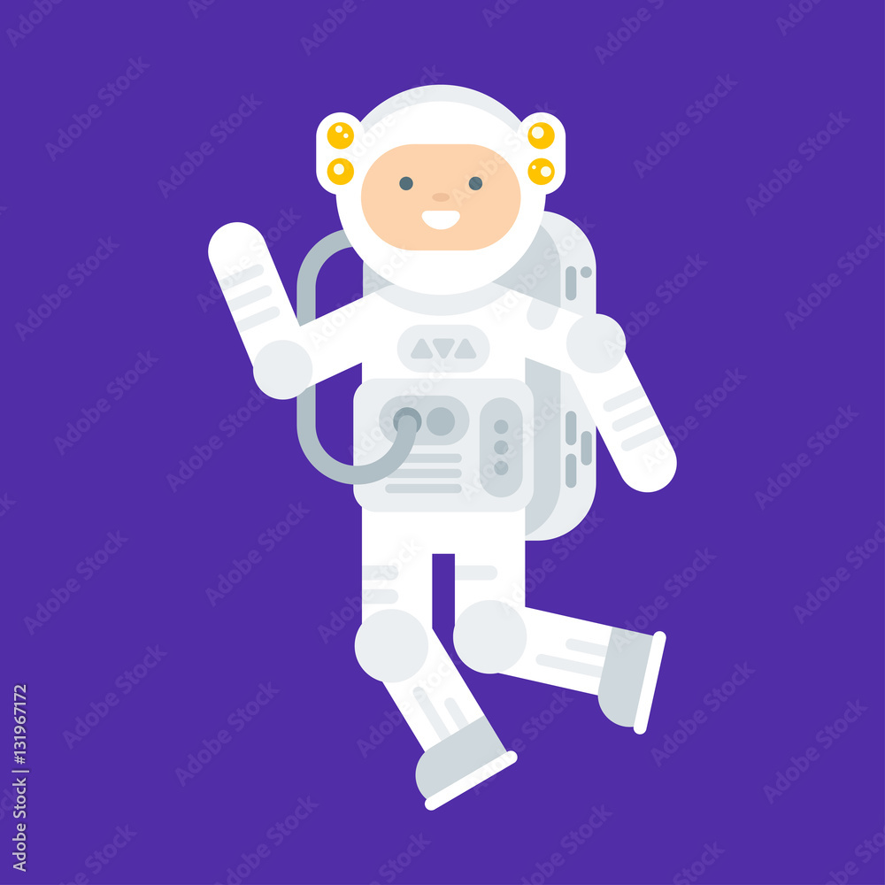 Vector flat style illustration of happy astronaut in space suit.