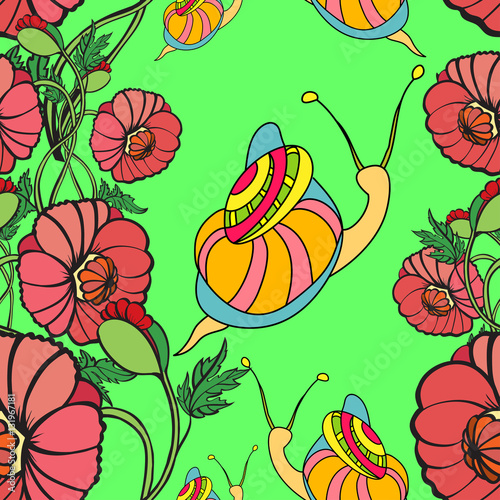 Seamless pattern with snails in cartoon style.