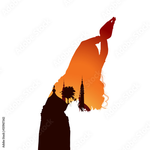 Young girl dancing oriental belly dancing. Silhouette of girl dancing Arabic dance. Evening landscape. Vector illustration