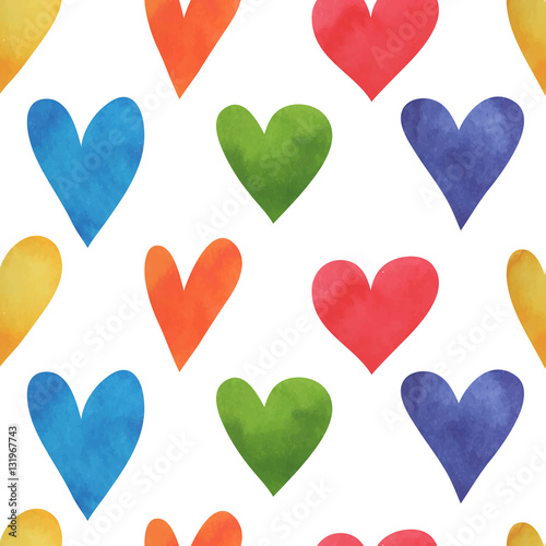 Seamless pattern Happy Valentines Day watercolor vector hearts illustration.