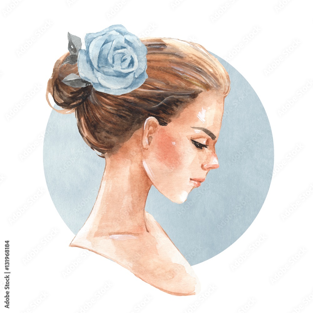 Naklejka premium Romantic girl. Flower in her hair . Watercolor female face. Profile.