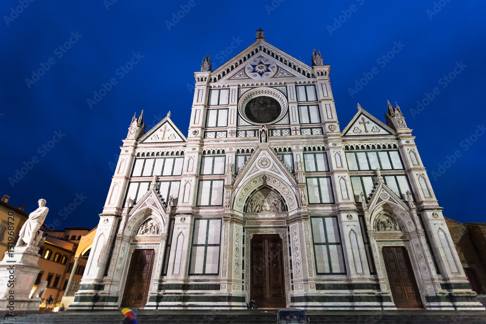 front view of Basilica Santa Croce in rainy night