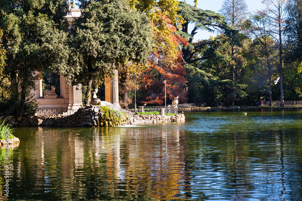 pond with Temple in Villa Borghese public gardens
