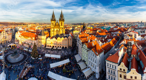 Famous Tyn Church on Old Town Square during Christmas, Prague, Czech Republic