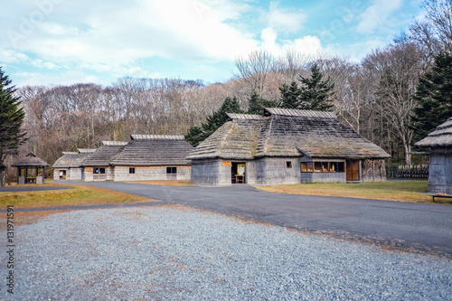 Photography The old village ancient in Japan, Ainu hut is living in Hokkaido