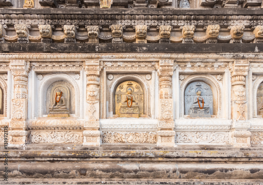 Decorated panel around pagoda at Mahabodhi Temple, Gaya, India
