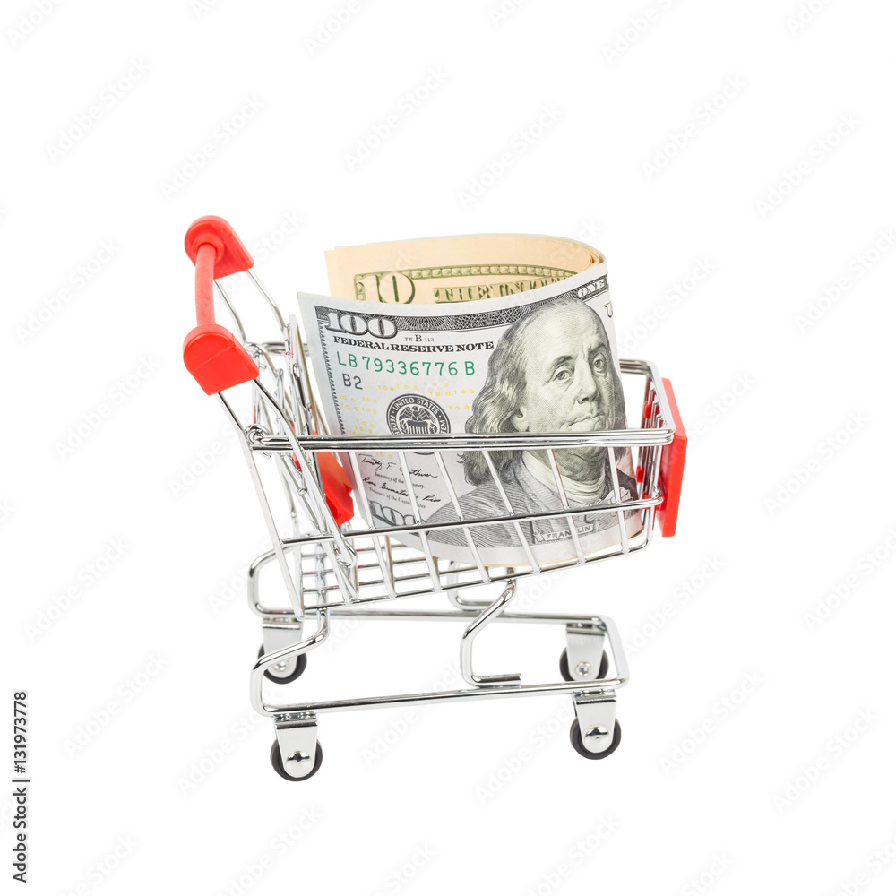 Dollar banknote money in shopping cart