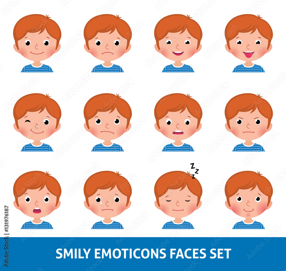 Boy child cute emoji, set smily emoticons faces Boy child cute emoji, set smily emoticons faces