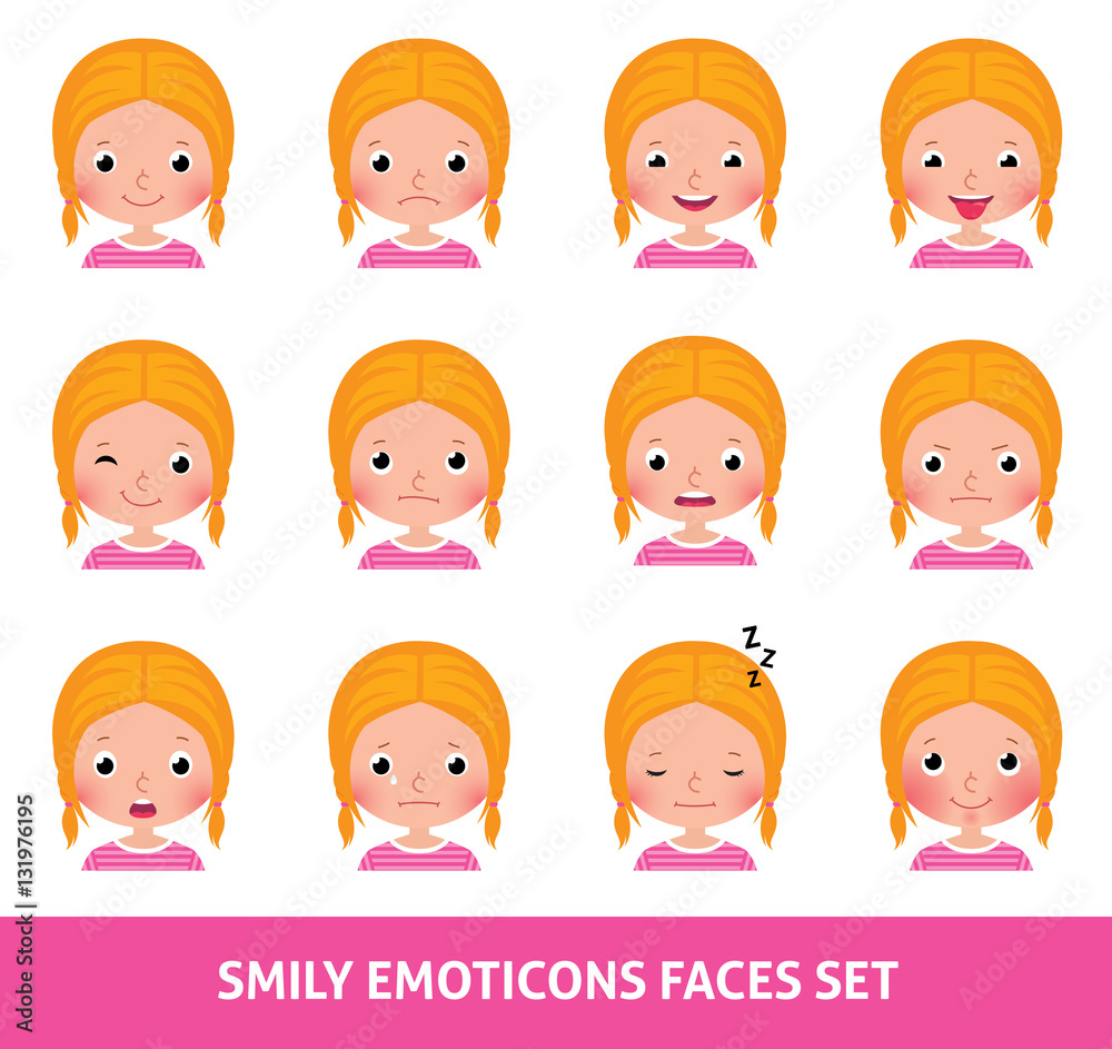 Girl child cute emoji, set smily emoticons faces Girl child cute emoji, set smily emoticons faces