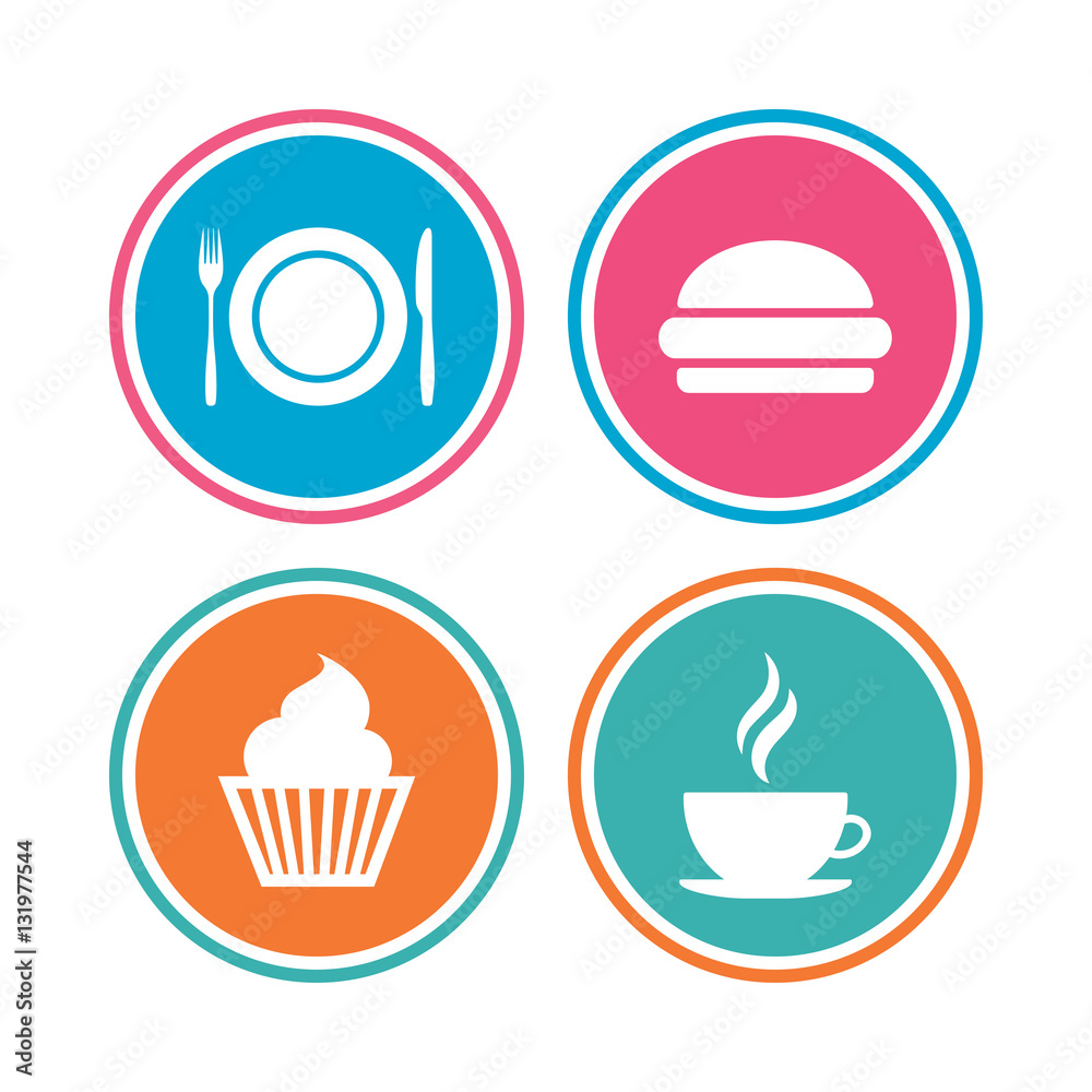 Food icons. Muffin cupcake symbol. Fork, knife.