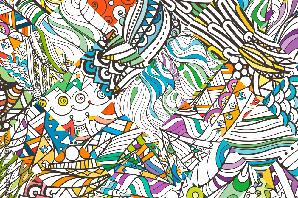 Patched doodle background pattern. Design ornate, tribal pattern. Simple colored background for coloring.