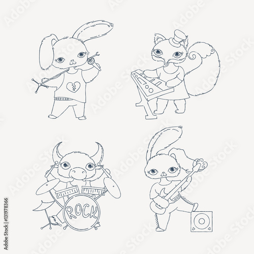 Set of four children s musical characters  calf  rabbits and fox. Guitarist  keyboardist  singer and drummer.