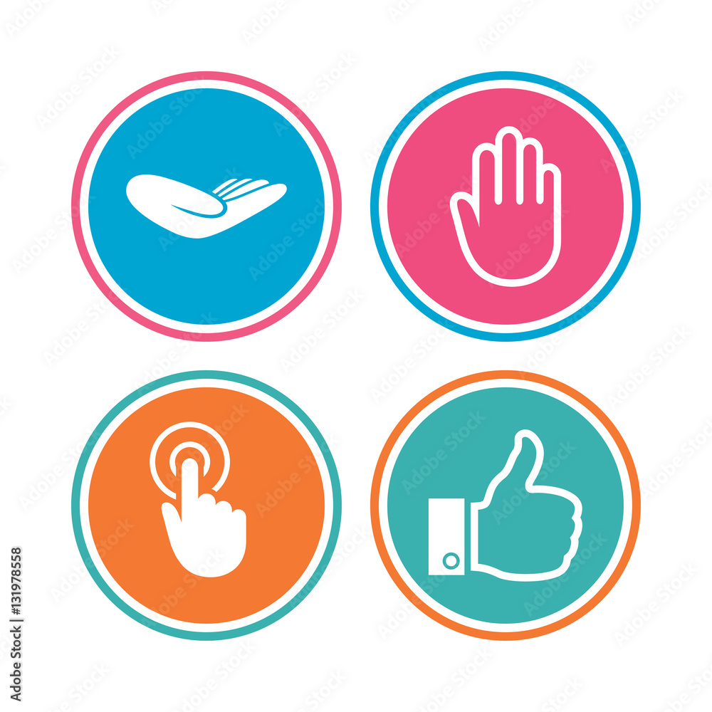 Hand icons. Like thumb up and click here symbols. Hand icons. Like thumb up and click here symbols.