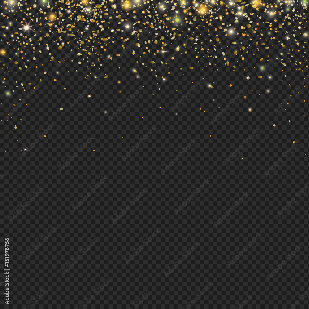 Vector gold snow glitter particles texture on a black background. Snowfall with confetti, stars and sparkles