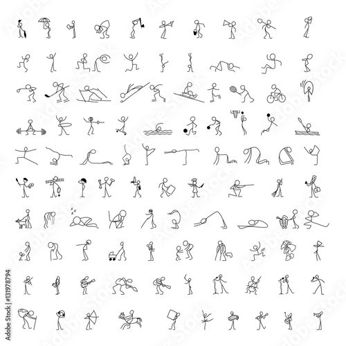 Cartoon icons set of 100 sketch little people stick figure