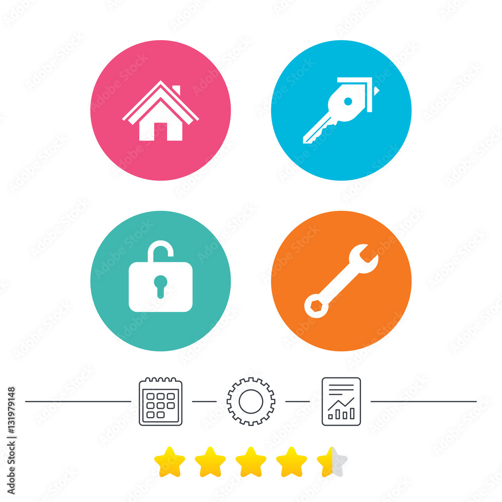 Home key icon. Wrench service tool symbol. Home key icon. Wrench service tool symbol.