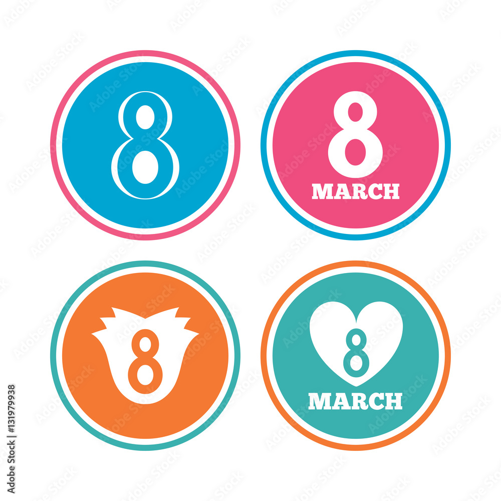 8 March Women's Day icons. Flower, heart symbols. 8 March Women's Day icons. Flower, heart symbols.
