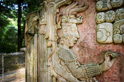 Fotografie Detail of a bas-relief carving in the ancient Mayan city of Palenque, Chiapas, M