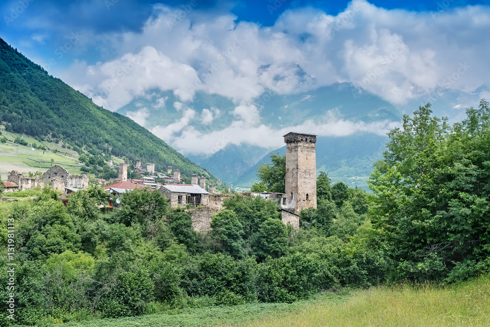 Svanetia Tower in mountains georgian village, Georgia