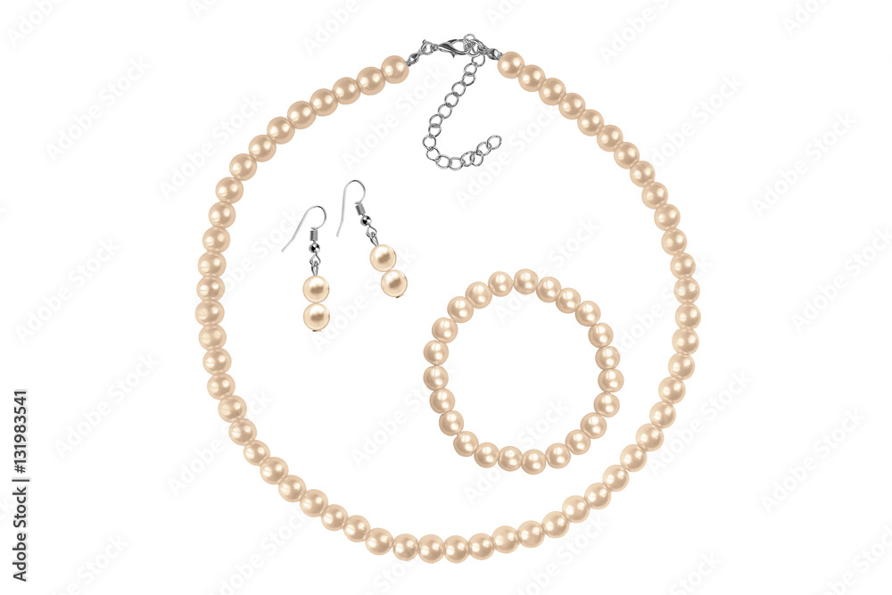 Fashion set of a necklace, a bracelet and a pair of earrings made of bronze medium-sized round beads like pearls, fashion isolated on white background, clipping path included Fashion set of a necklace, a bracelet and a pair of earrings made of bronze medium-sized round beads like pearls, fashion isolated on white background, clipping path included