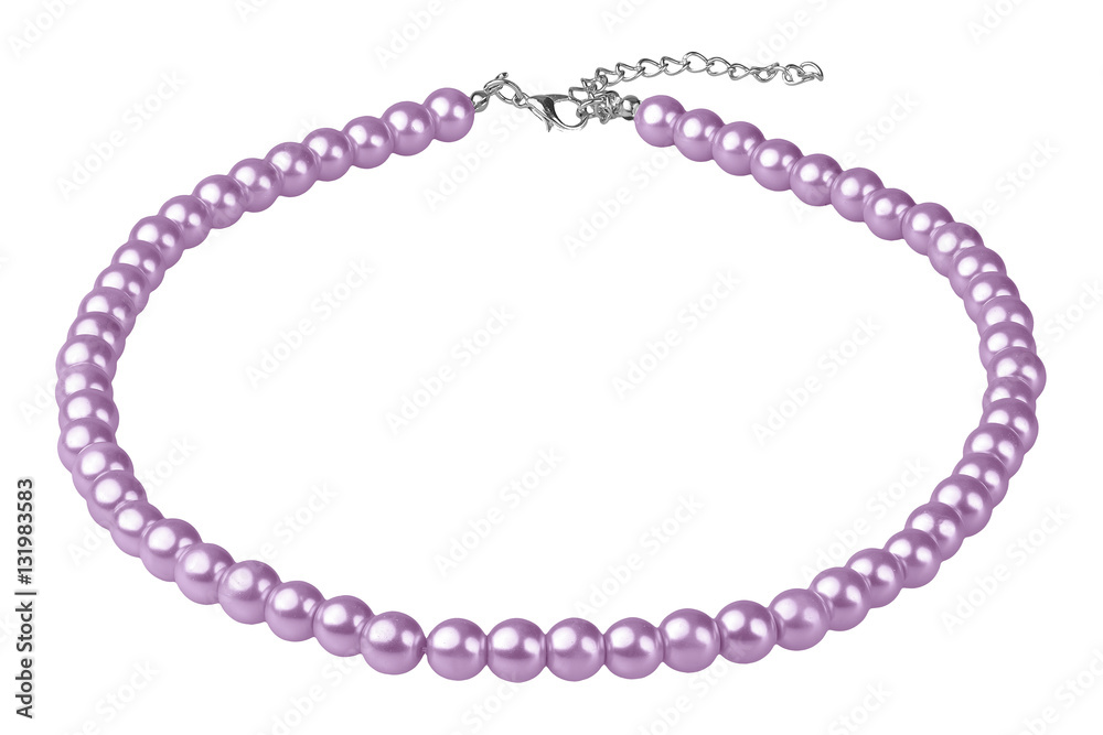 Violet big elegant necklace made of medium-sized round beads like pearls, fashion item in perspective, isolated on white background, clipping path included Violet big elegant necklace made of medium-sized round beads like pearls, fashion item in perspective, isolated on white background, clipping path included
