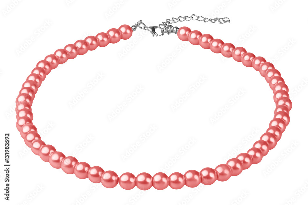 Pale red big elegant necklace made of medium-sized round beads like pearls, fashion item in perspective, isolated on white background, clipping path included Pale red big elegant necklace made of medium-sized round beads like pearls, fashion item in perspective, isolated on white background, clipping path included