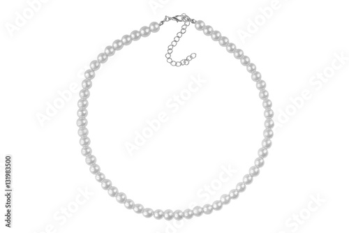 Silvery big elegant necklace made of medium-sized round beads like pearls, fashion item isolated on white background, clipping path included