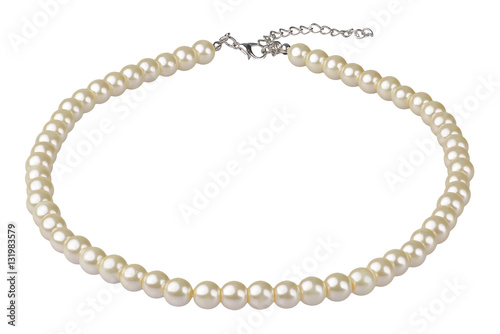 White big elegant necklace made of medium-sized round beads like pearls, fashion item in perspective, isolated on white background, clipping path included