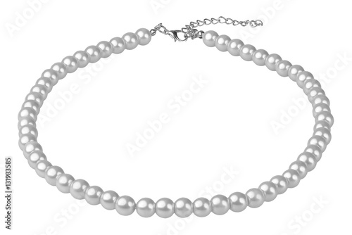 Silvery big elegant necklace made of medium-sized round beads like pearls, isolated on white background, clipping path included
