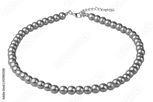 Dark grey big elegant necklace made of medium-sized round beads like pearls, fashion item in perspective, isolated on white background, clipping path included