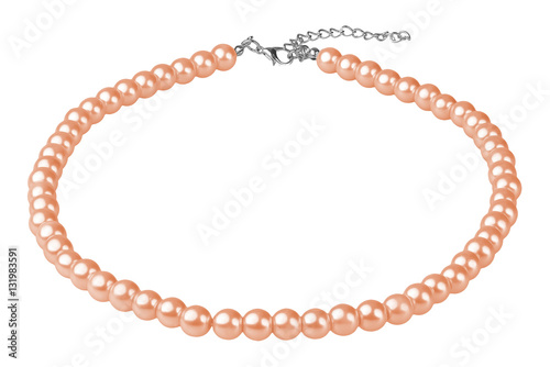 Beige big elegant necklace made of medium-sized round beads like pearls, fashion item in perspective, isolated on white background, clipping path included