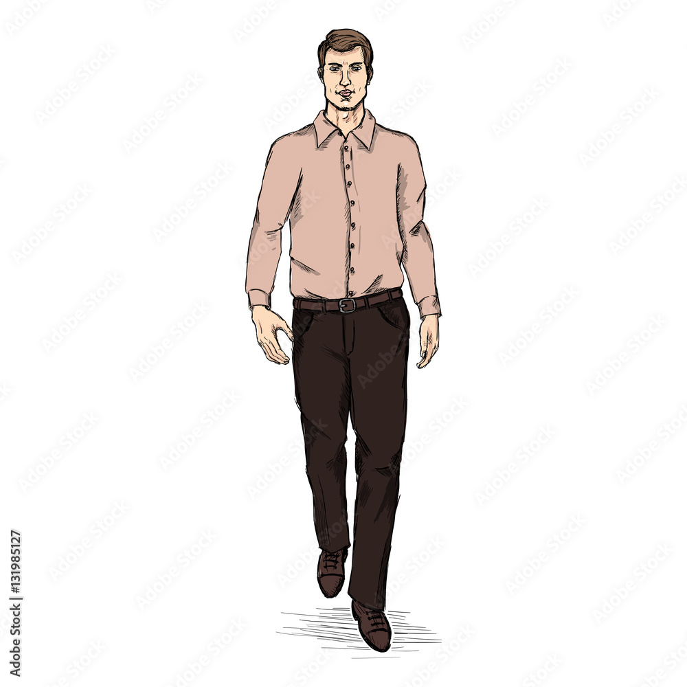 Vector Sketch Men Model in Long Sleeve Shirt and Trousers. Business dress code Vector Sketch Men Model in Long Sleeve Shirt and Trousers. Business dress code